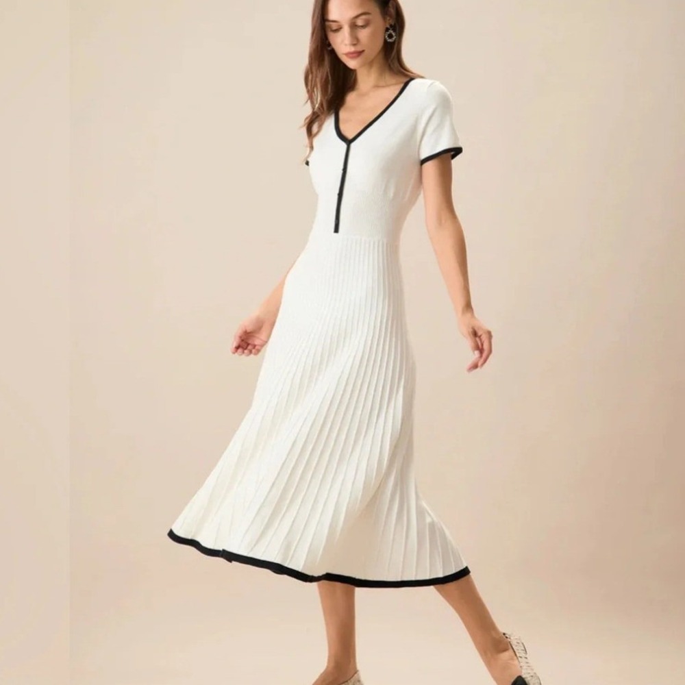 Rihoas White Black Contrasting Sweater Midi Dress Tennis Preppy Babydoll Size M - Picture 2 of 16